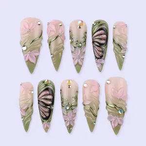Spring Floral Press On Nails with Green Swirl & Butterfly, 3D Fake Nails in Long Stiletto, Handmade Nail Art