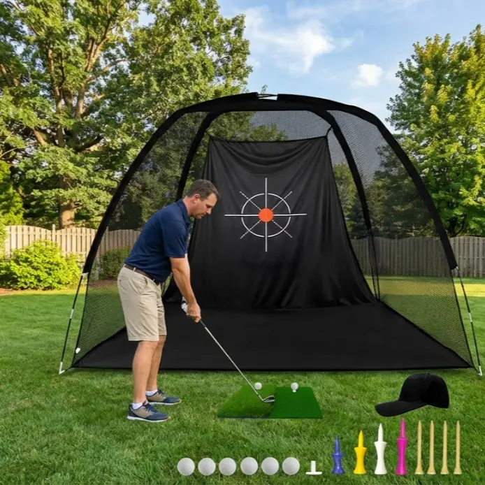 Gagalileo 8x6FT Heavy Duty Polyester Golf Hitting Practice Net with Turf Mat, Tees & Impact Cage for Adults, Backyard Driving, Indoor/Outdoor Garage Golfing Swing Training (Black Netting)