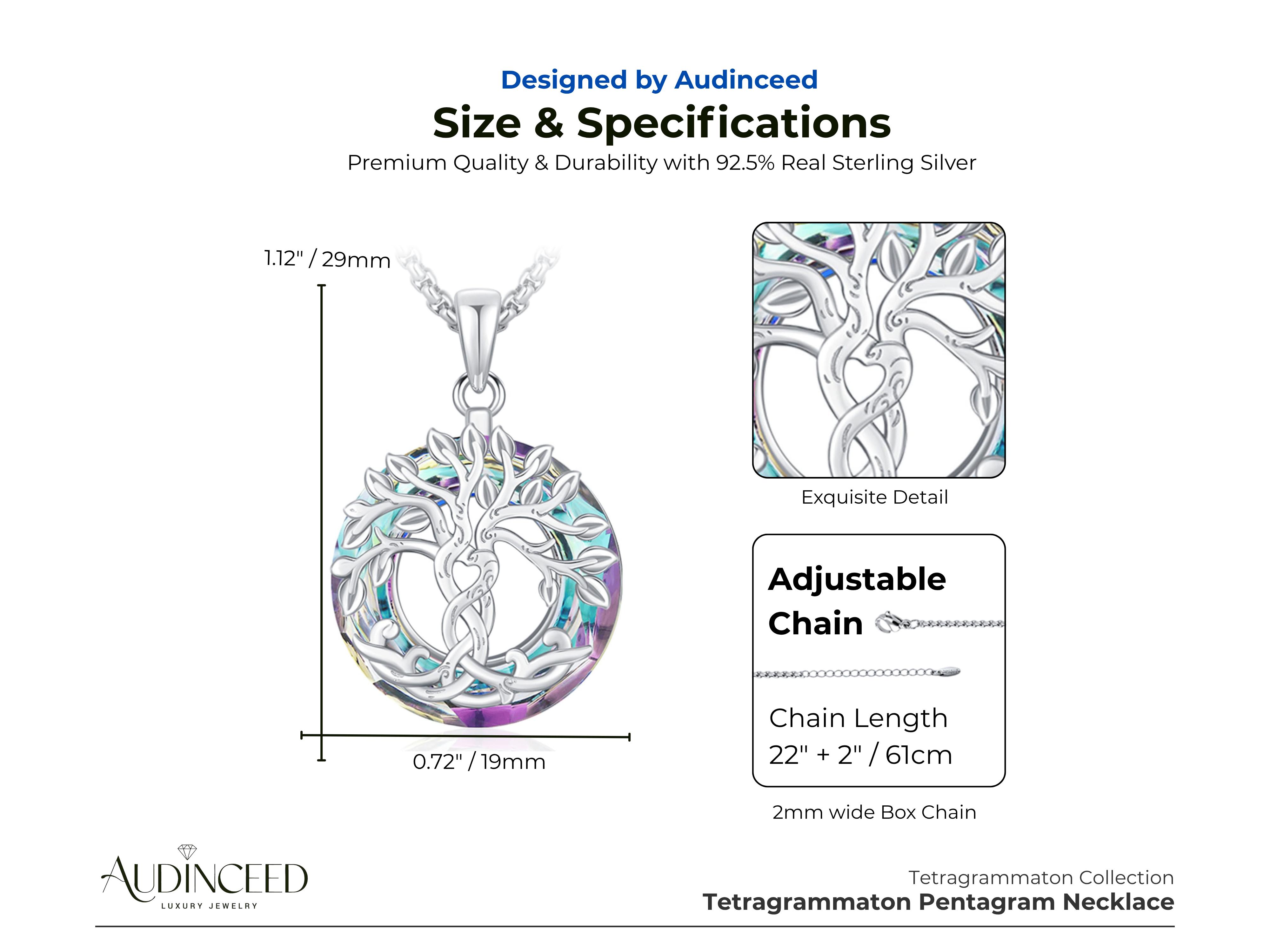 Audinceed Tree of Life Crystal Necklace, S925 Sterling Silver Tree of Life Austrian Crystal Silver Necklace Pendant Religion Blessed Jewelry Anniversary Birthday Gift For Men Women