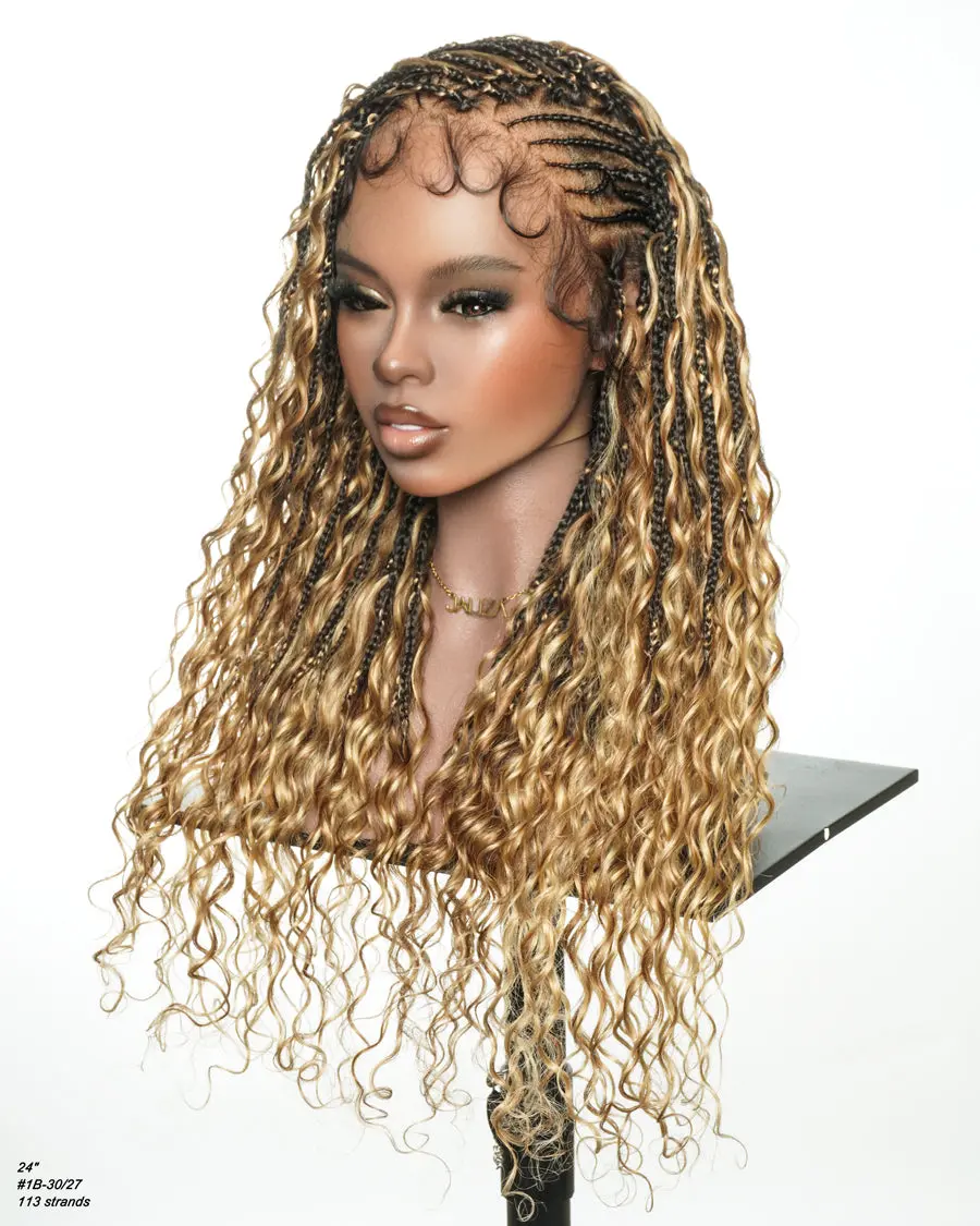 JALIZA Avery Fulani Human Hair Glueless Pre Bleached Human Hair Lace Base Swiss HD Full Lace Cornrow Frontal Boho Box Braided Wig Deep Wave 24 Inches Boho Curly Wig Glueless Wigs
