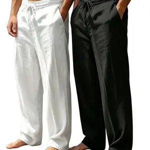 Men's Linen Style Casual Pants, Loose Wide Leg Straight Fit, Lightweight Breathable Elastic Waist Drawstring, Summer Beach Vacation Versatile, Daily Comfort, Drawstring Waist Trousers