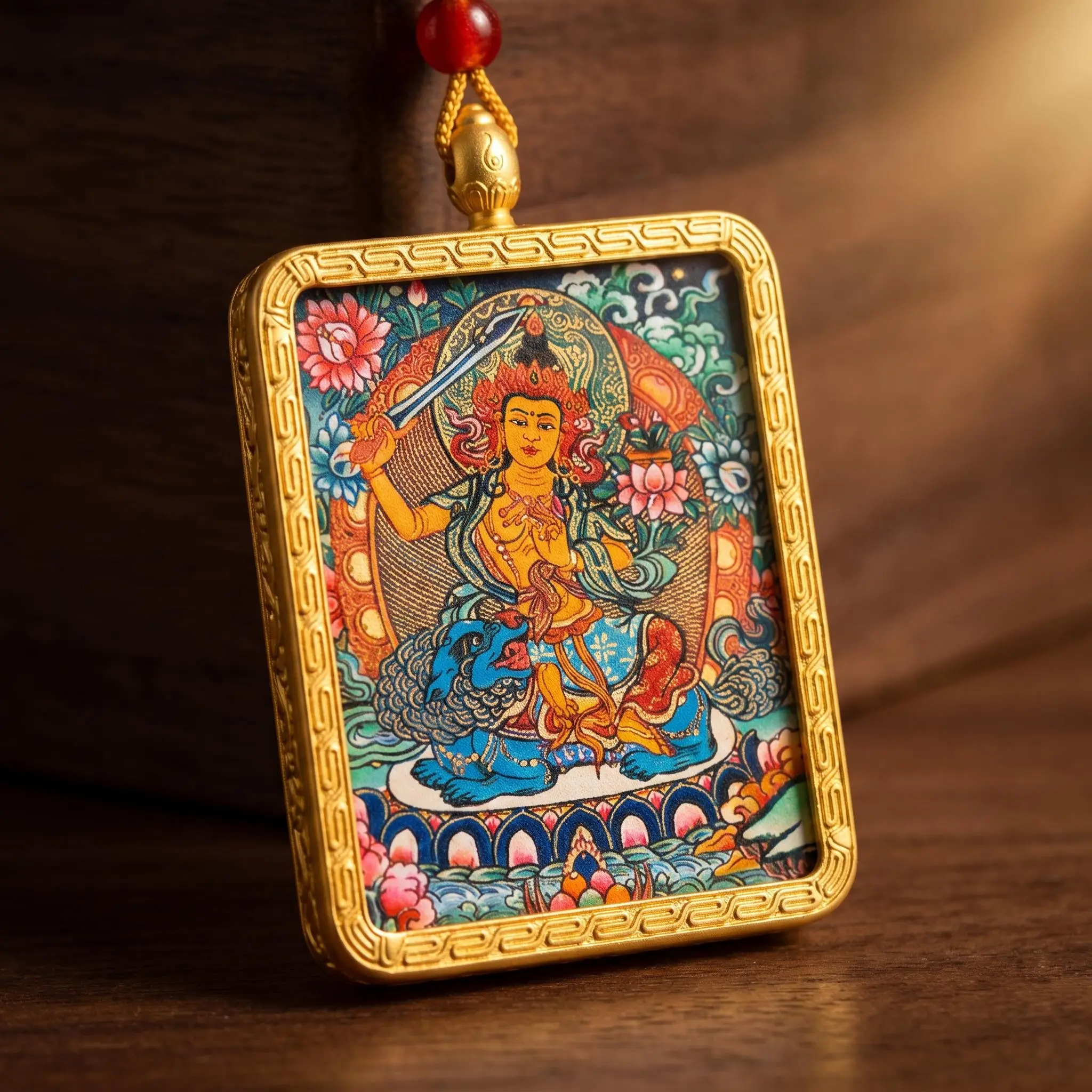 Unisex Vintage Oriental Graphic Locket Pendant - Large Gold-Plated Box, Hand-Painted Interchangeable Canvas Insert for Daily Wear