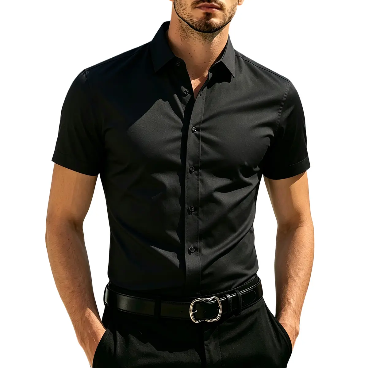 Men's Classic Plain Regular Fit Short-Sleeve Collared Button-Up Shirt, Poly-Cotton Menswear for Casual & Office Wear, XL