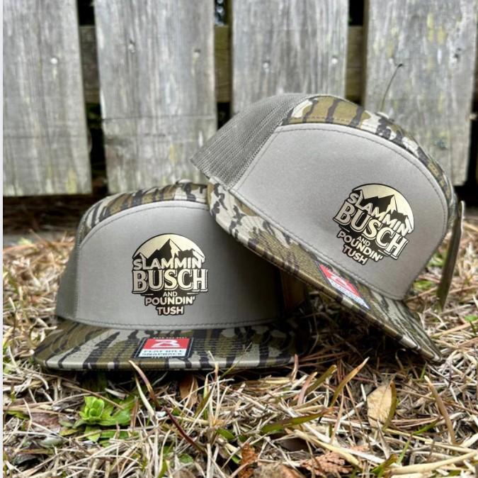 Slammin Busch & Poundin Tush Leather Patch Trucker Hat, Camo/White/Bottomland 7 Panel Trucker Hats, Fitted Unisex Baseball Cap Basic Casual Style | Outdoor Hunter Gift