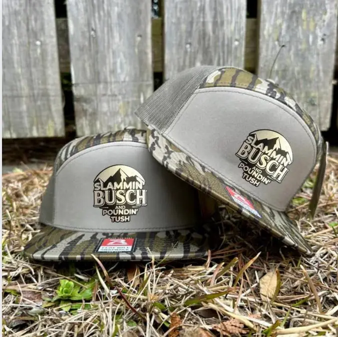 Slammin Busch & Poundin Tush Leather Patch Trucker Hat, Camo/White/Bottomland 7 Panel Trucker Hats, Fitted Unisex Baseball Cap Basic Casual Style | Outdoor Hunter Gift
