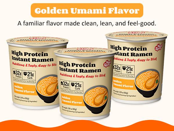 Healspot High-Protein Instant Ramen Cups, 6-Pack – Non-Fried Noodles with 32g Plant-Based Protein, Low Fat, Low Carb, Non-GMO, Keto Friendly (Golden Umami, Smoky Chili & Classic Ramen Flavors)