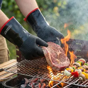GEEKHOM 932°F Heat Resistant BBQ Grill Gloves: Oil Resistant Waterproof for Smoking Grilling Cooking Barbecue Deep Frying Turkey Rotisserie Handling Hot Greasy Meat Grilling Stocking Stuffers for Men
