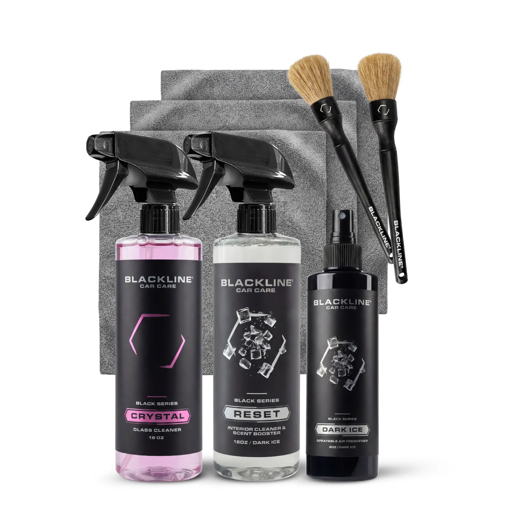 BLACKLINE Ultimate Automotive Interior Detailing Kit Bundle - Scented Dark Ice Reset, Crystal Glass Cleaner, Air Freshener, Boars Hair Brush Set, 3-Pack Microfiber Cloths for Deep Cleaning Interior Car Cleaner Detailing Setup, Set Bundle