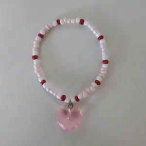 Glass Seed Bead Heart Bracelet With Elastic String