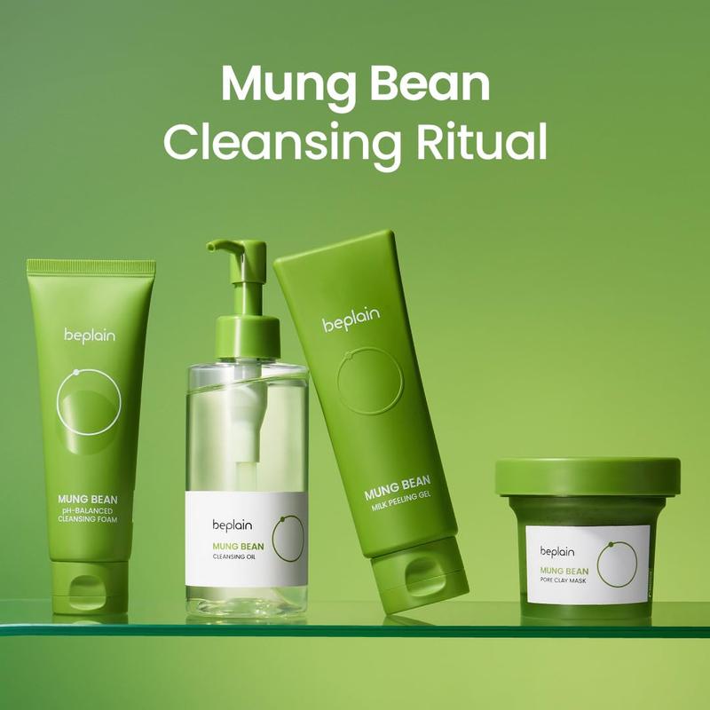Beplain Mung Bean Cleansing Oil & Foaming Cleanser & Clay Mask Set for Sensitive Skin Fragrance-Free Gentle Non-Comedogenic Korean Skin Care - Facial