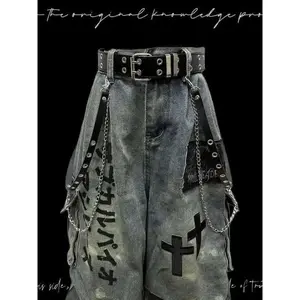 Gothic Punk Wasteland Jeans - Seven-Part Patchwork Wide Leg, Distressed Wrinkled Pants Menswear Trouser Man Streetwear Denim Pocket Tropical