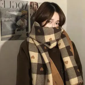 2026 new scarf women's autumn and winter imitation cashmere love plaid scarf fashion all-match double-sided thick shawl coffee color plaid scarf