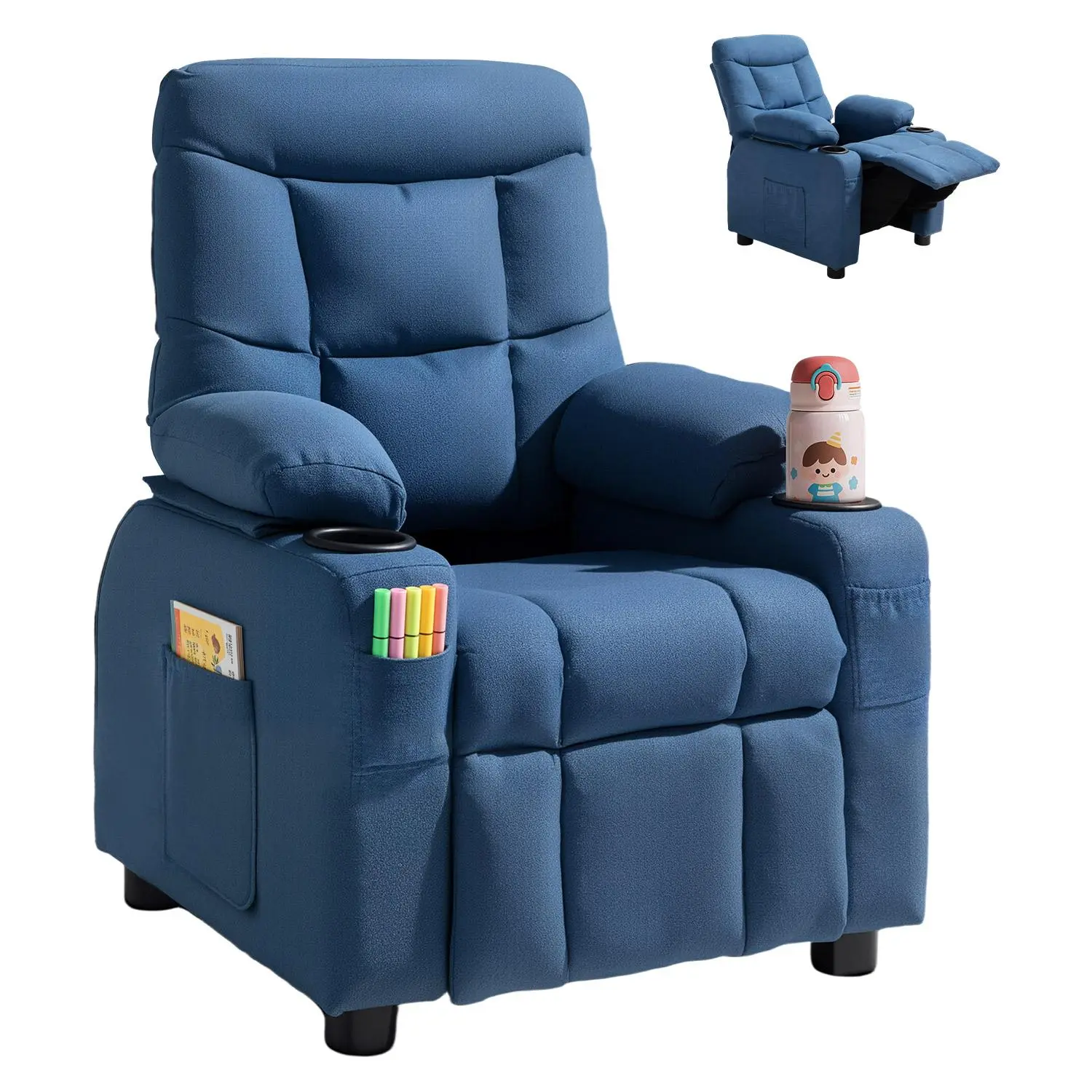 【SummerFinds】VEVOR Kids Reclining Chair,  , Toddler Recliner with Cup Holders and Pockets, 107° to 126° Adjustable Backrest, Breathable Polyester Fabric Recliner Couch with Footrest, for Boys & Girls, Children(Blue)