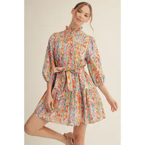 Jodifl Vibrant Floral Pattern Dress with Ruffle Collar and Belt Tie