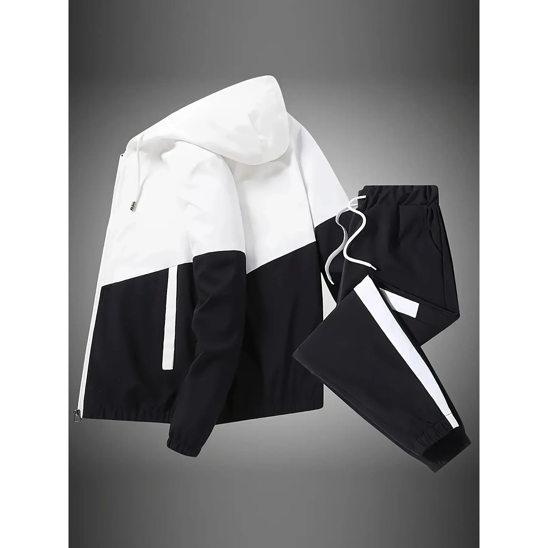 Male Regular Fit 2-Piece Color Block Splicing Tracksuit - Woven Polyester Hooded Jacket & Jogger Pants, Hand Washable for Gym & Casual Outdoor Wear, Hiking, Contrast Binding