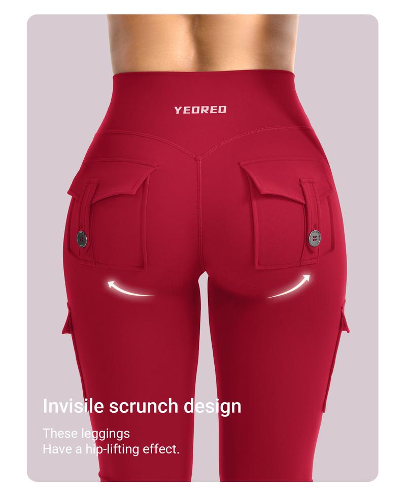 YEOREO CoreFlex High Waist Tummy Control Flare Leggings with Pockets Seamless Scrunch Butt-Lift Cargo Yoga Gym Pants