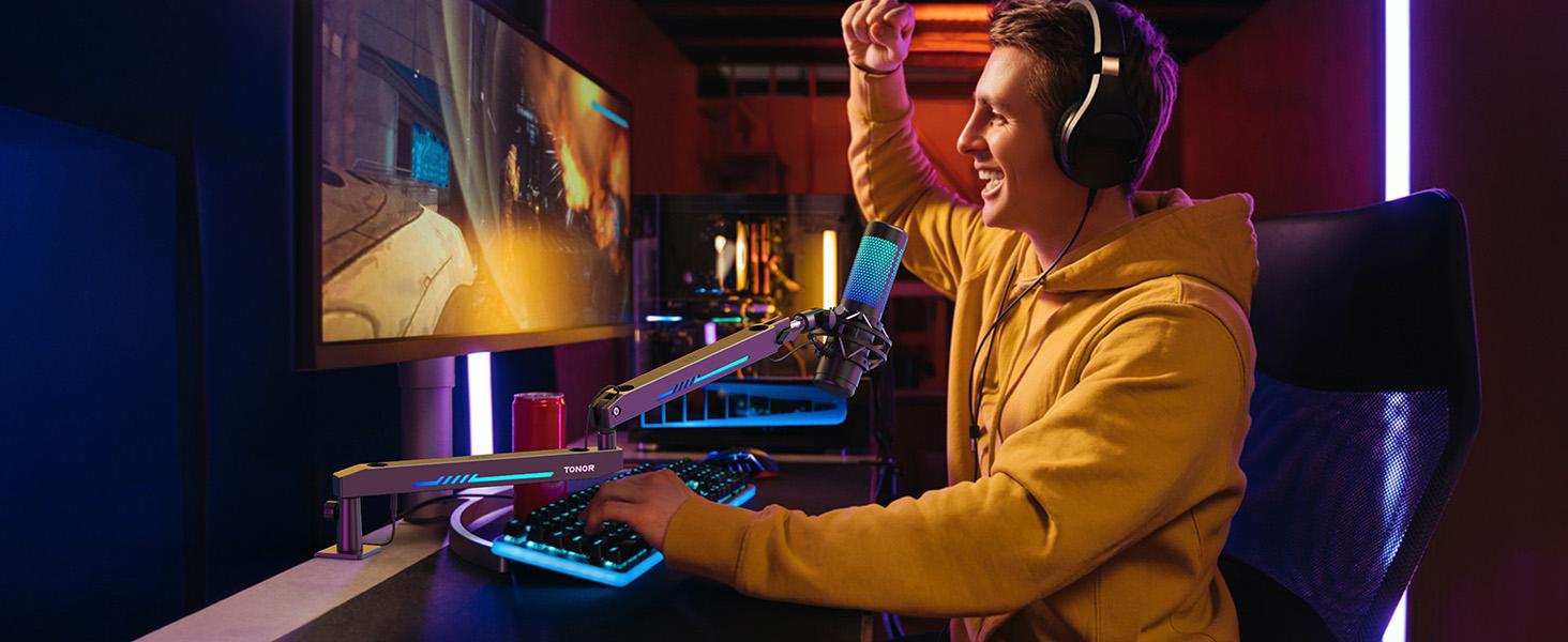 TONOR T90/T20S RGB Boom Arm, Adjustable Mic Stand with 11 Light Modes for Gaming, Streaming, Podcasting, and Recording, Durable Steel Usb Cable