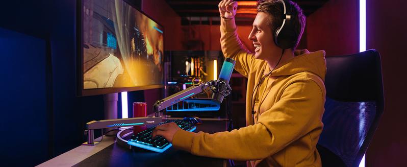 TONOR T90/T20S RGB Boom Arm, Adjustable Mic Stand with 11 Light Modes for Gaming, Streaming, Podcasting, and Recording, Durable Steel Usb Cable