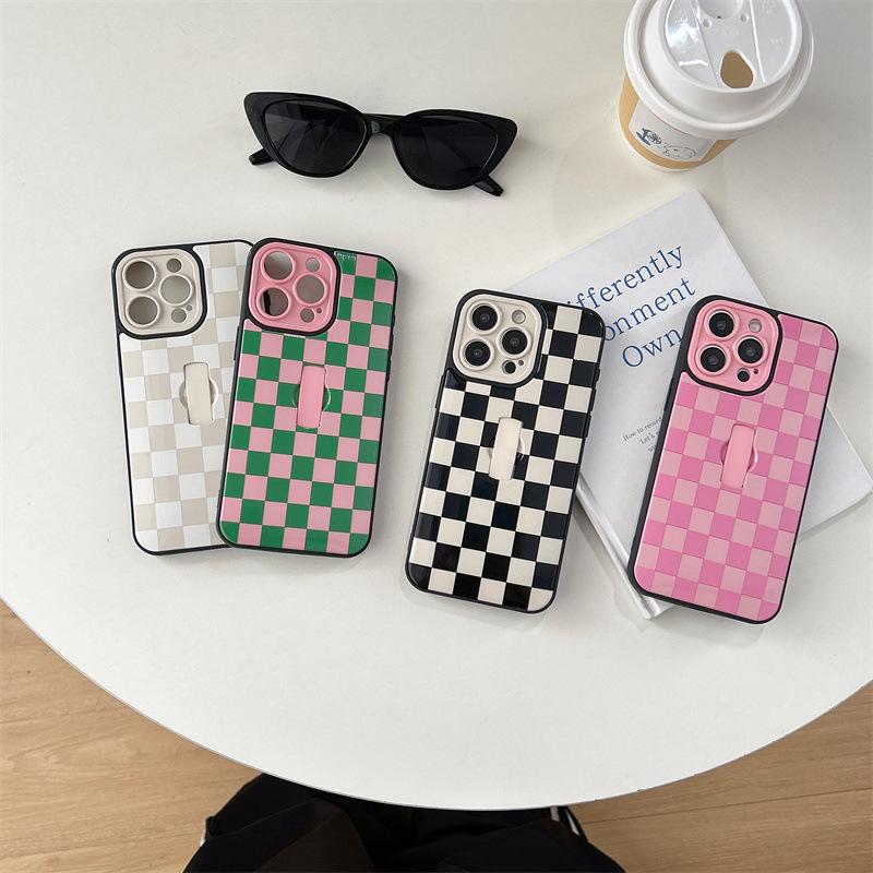 Cute Checkered Checkerboard Phone Case with Finger Strap Kickstand,Slim Full Camera Protection Shockproof Cover for iPhone 16 Pro Max 15 14 13