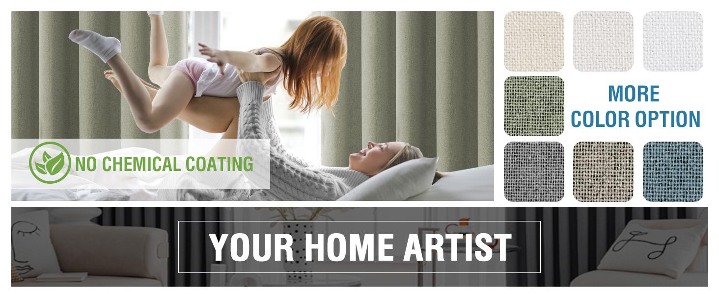 H.VERSAILTEX 100% Blackout Faux Linen Curtains for Bedroom Full Light Blocking Drapes with Double Face Linen Back Tab Loop Pocket Textured Burlap Curtains for Living Room 2 Panels