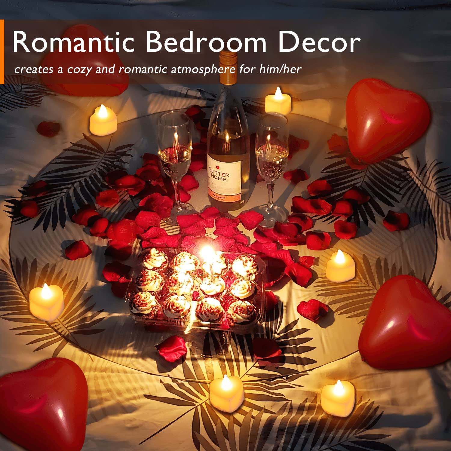 Valentine's Day Surprise Kit: 1000 Rose Petals, 30 Heart Balloons & 24 LED Tea Lights for Romantic Proposal, Anniversary, Wedding Table Scatter Decorations