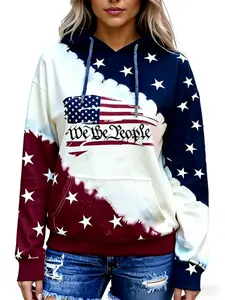 Patriotic "We the People" American Flag Print Hoodie - Star & Stripe Design with Tie-Dye Color Block, Casual Long Sleeve Hooded Sweatshirt for Women, Perfect for Independence Day & Daily Wear