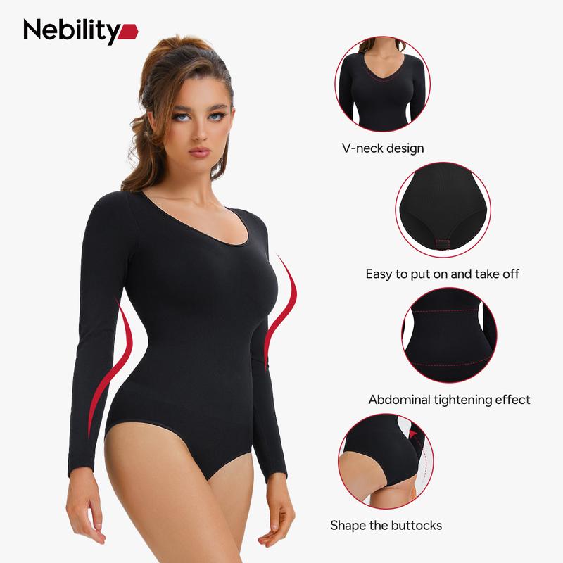 Nebility Women's Seamless Bodycon Dress with Tummy Control Butt Lifting V-Neck Long Sleeve Jumpsuit for Women Shapewear One Piece Basic Black+Black Compression Womenswear