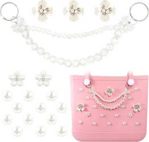 Charms for Bogg Bag, Pearls Flowers & Pearls Bow Chain for Bogg Bag, Compatible with Simply Southern Beach Bag Totes Accessories Charms , Pearl Bag Insert for Beach Tote Bag Birthday Favors (18 Pcs) WYVAS