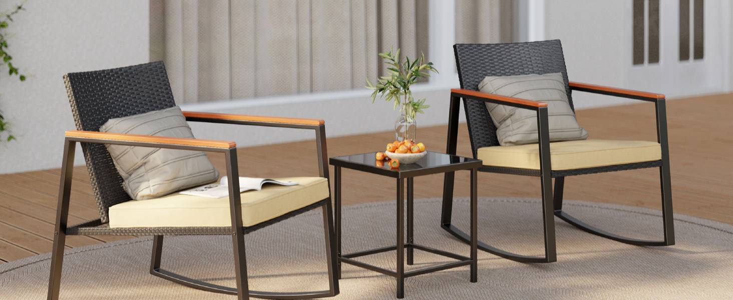Gizoon 3 Pieces Rocking Patio Bistro Set with Anti-Scald Armrest Outdoor Patio Wicker Furniture Set with Glass Table and Cushion for Garden Yard Porch