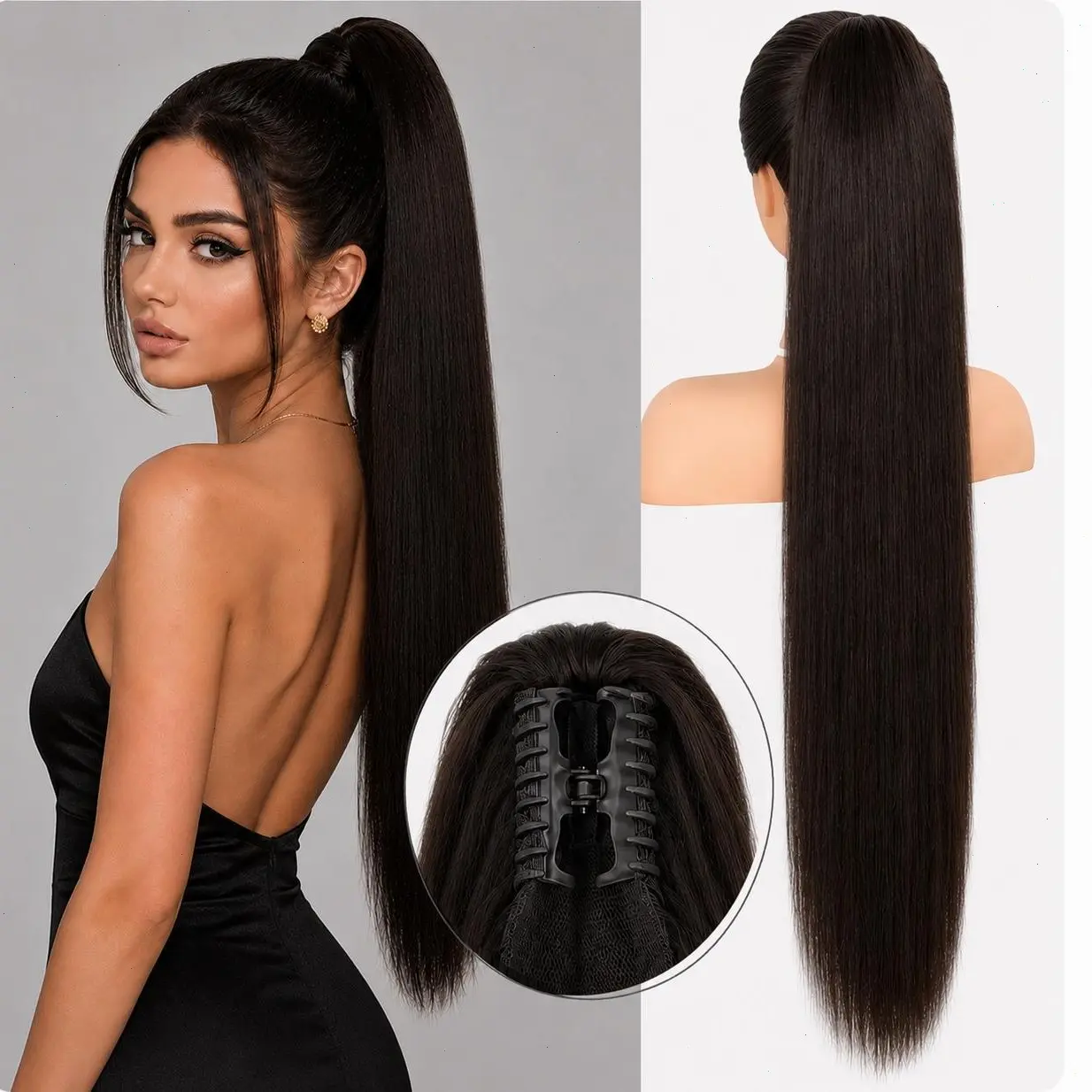 Nokoari 30 Inch Long Straight Ponytail Extension, Soft Heat-Resistant Synthetic Hairpiece with Claw Clip for Women's Everyday Wear, Straight Ponytail Extensions, Women's Fashion