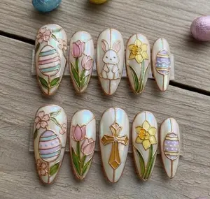 Handmade Easter Stained Glass Press On Nails, Cross and Bunny Design, Iridescent Aurora Chrome Finish, Spring Holiday Nail Art Set