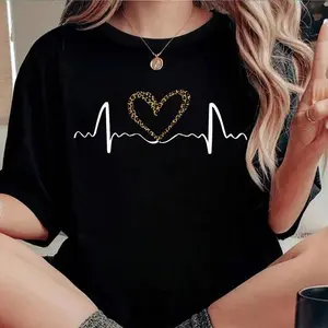 Women's Heart & Heartbeat Print Round Neck Tee, Casual Short Sleeve T-Shirt for Summer, Ladies Clothes for Daily Wear Top Womenswear
