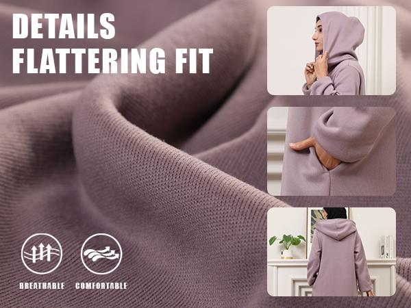 Winter Hoodie Abaya Dress with Pockets Fleece-Lined Wrinkle-Resistant Modest Wear for Women NCA012 100% Polyester Soft Brushed Lining Drawstring Hood Functional Side Pockets Loose Fit