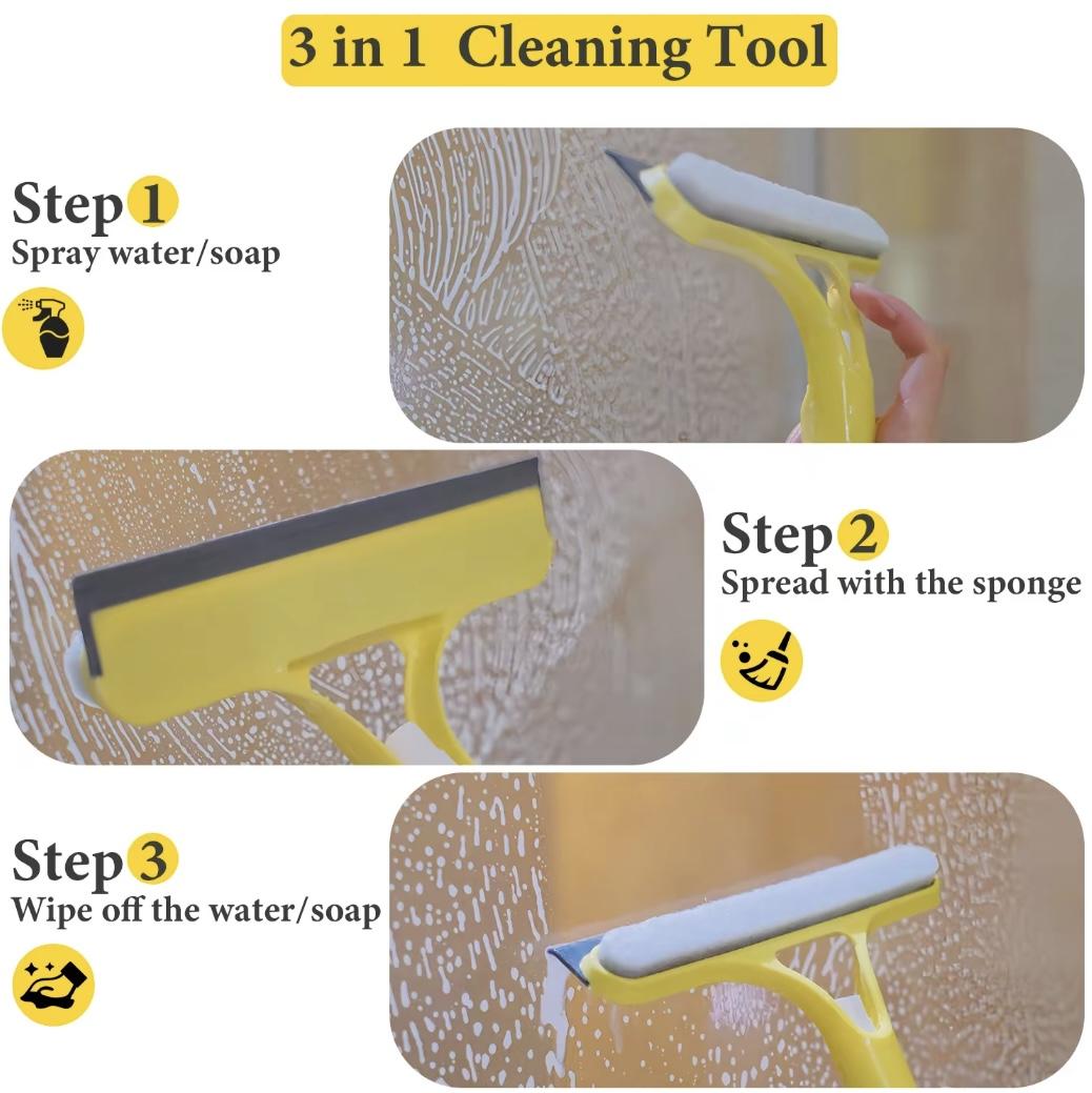 3 in 1 Window Cleaning Scraper, Squeegee and Scrubber with Spray, Multifunctional Household Cleaning Tool, Car Windshield Cleaner,Lightweight Silicone Microfiber Wipe
