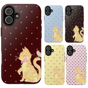Retro Cute Cat Phone Case – Whimsical Yellow Kitty Illustration with Polka Dot Background, Playful Vintage Aesthetic, Adorable Cute Cat Cute Case, Sweet Pastel Style for Cat Lovers, Fits for 11, 12, 13, 14, 15, 16, 17