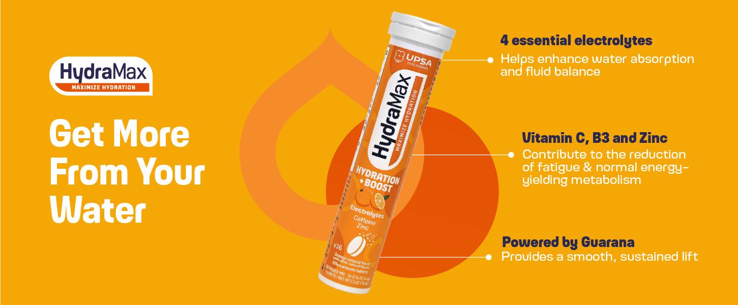 HydraMax Hydration + Boost Effervescent Tablets – Electrolytes with Caffeine & Zinc, Orange Flavor, 16 Tablets