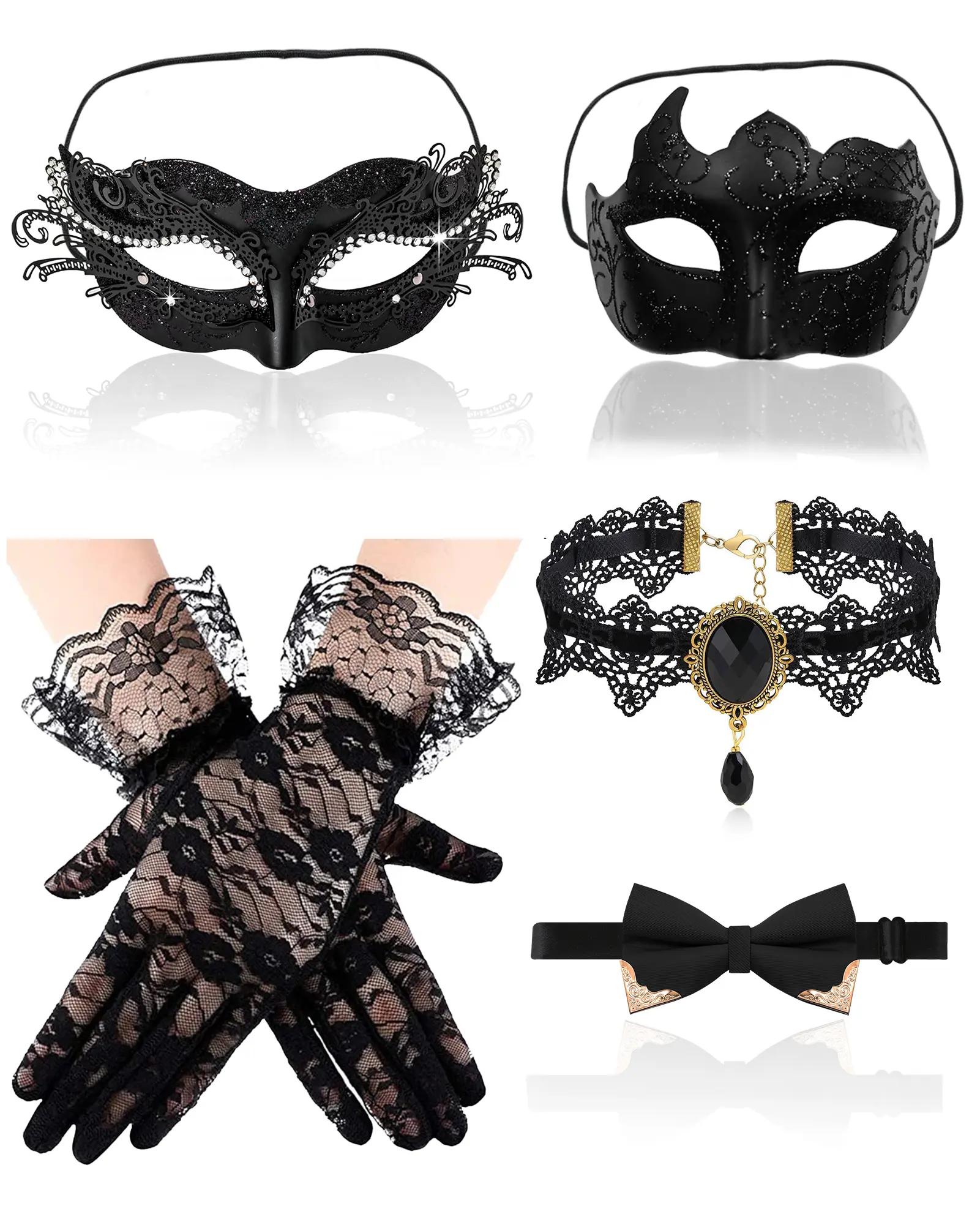 Couples' Lace Shiny Floral Masquerade Mask Set - 5-Piece Halloween Accessory Kit for Venetian Mardi Gras-Themed Parties, Mask Accessories For Couples