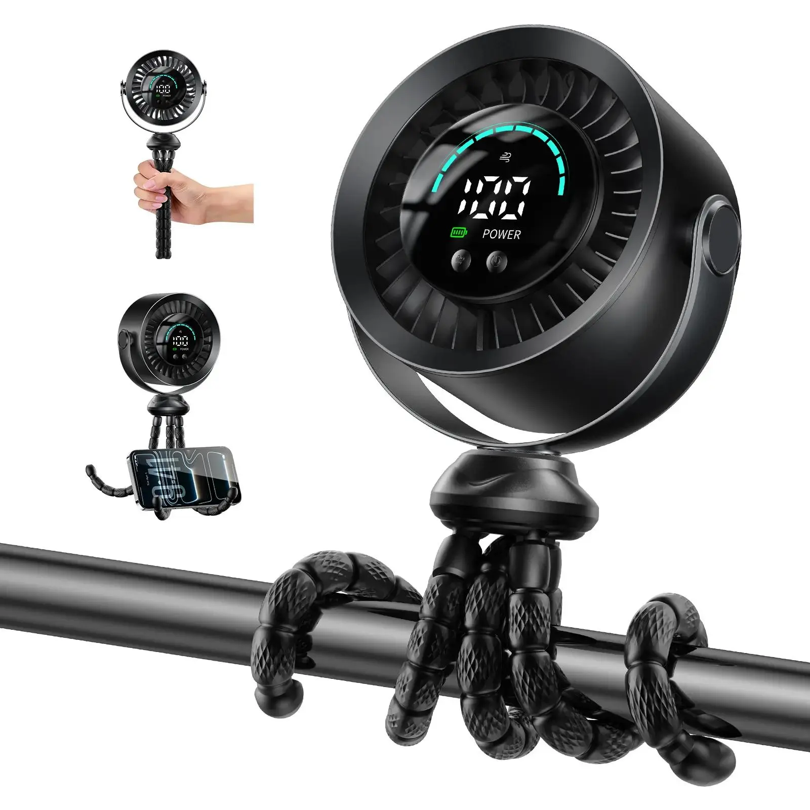 【Summer Vibes】Adjustable Tripod Clip-on Fan, 360° Rotatable Mini Fan with Digital LED Screen, 100 Wind Levels, USB Rechargeable Small Personal Fan for Baby Stroller, Bed, Desk, Travel Lithium Battery Fan Usb Handheld Fan,dorm essentials,home essentials