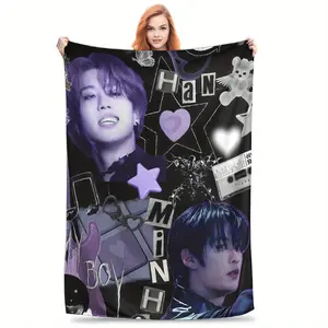 Han Jisung Fan Blanket - Soft Flannel Picnic & Bedding Throw with Purple & Black Design, Heart & Star Patterns, Lightweight & Cozy for All Seasons, Fan Merchandise | Star Pattern Blanket | Plush Texture, Han Jisung Fan, Korean Group Fashion Photo