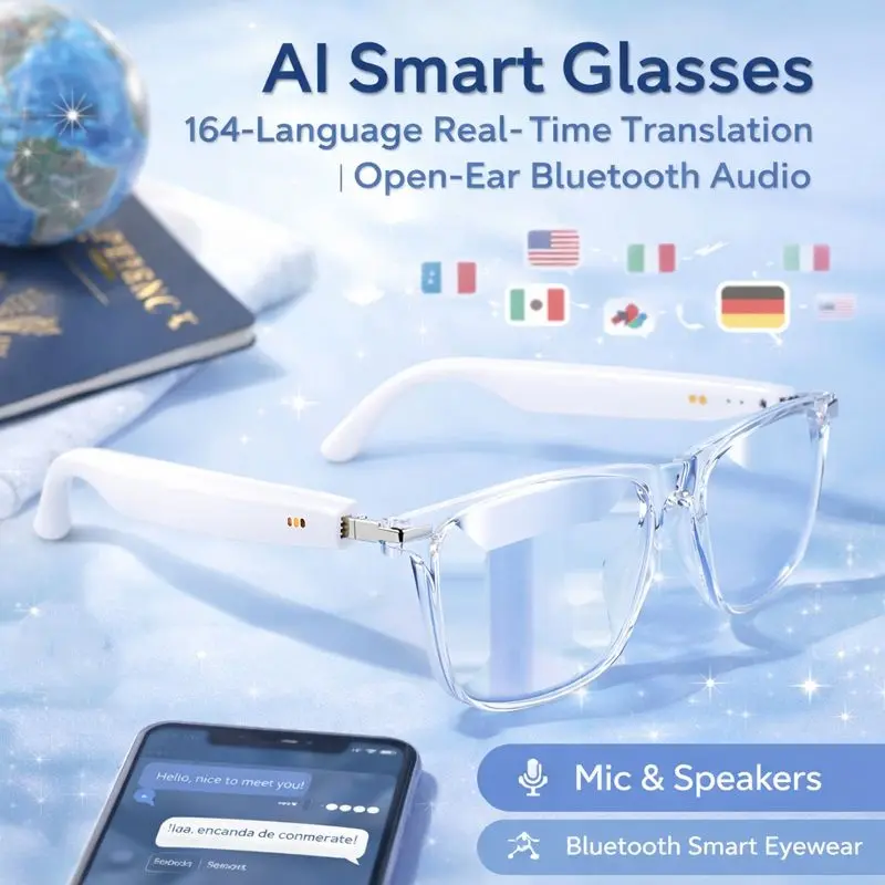 Multifunctional Smart Eyeglasses - AI Translator for 164 Languages, Open-Ear Bluetooth Audio Wearable Devices with Mic & Dual Speakers, Hands Free Phone Call & Music Assistant for Travel Work, Electronic Gadgets