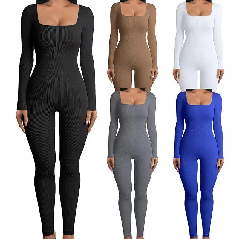 Women's Ribbed Texture Slim Silhouette Long Sleeve Jumpsuit, Autumn Winter Square Neck Basic Minimalist Overalls for Casual Outings, Black-Long Sleeve Longsleeves Solid Colors (Black, Beige, White, Gray, Blue)-HAN, Standard Sizes