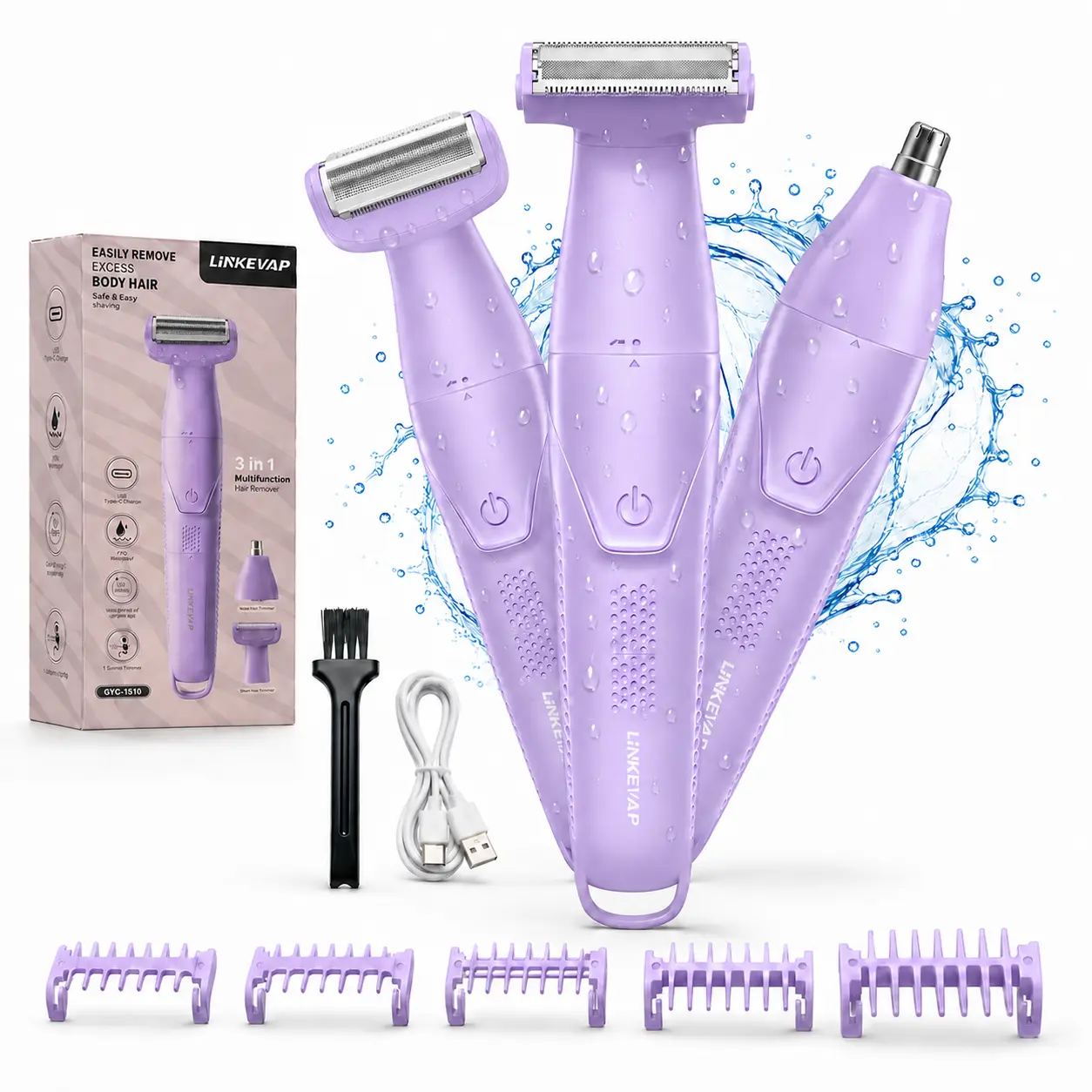 LINKEVAP Women's Multi-Use Bikini Trimmer - 3-in-1 Electric Shaver for Women, Smoothing Body Hair Removal Tool, IPX6 Waterproof USB Charging Razor with 5 Guide Combs, Includes Box (for Legs, Underarms)