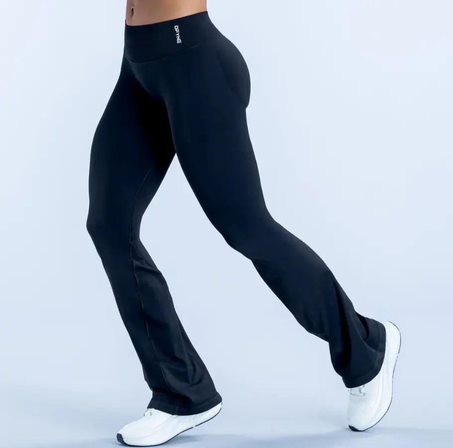 (With Logo）DFYNE Seamless Bootcut Flare Workout Leggings, High Waist Slim Fit Tummy Compression Pants, Stretch Flared Athletic Pants for Pilates Running