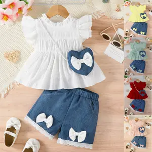 Ready Stock Girls Solid White Stand Collar Ruffle Tops Bow Lace Decor Shorts Crossbody Bag 3Pcs Infant Toddler Summer Clothes 22503099