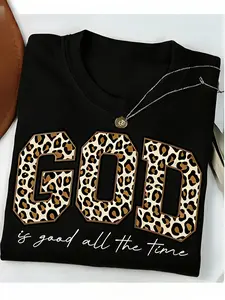 Leopard Print GOD Good Time Printed T-Shirt, 180G Pure Women'S T-Shirt, Loose Fit Meat Blocking And T-Shirt, Elastic Fabric Not Tight, Paired with Jeans Trendy And Cool Explosive Street, Gentle with Long Skirt, a Must-Have