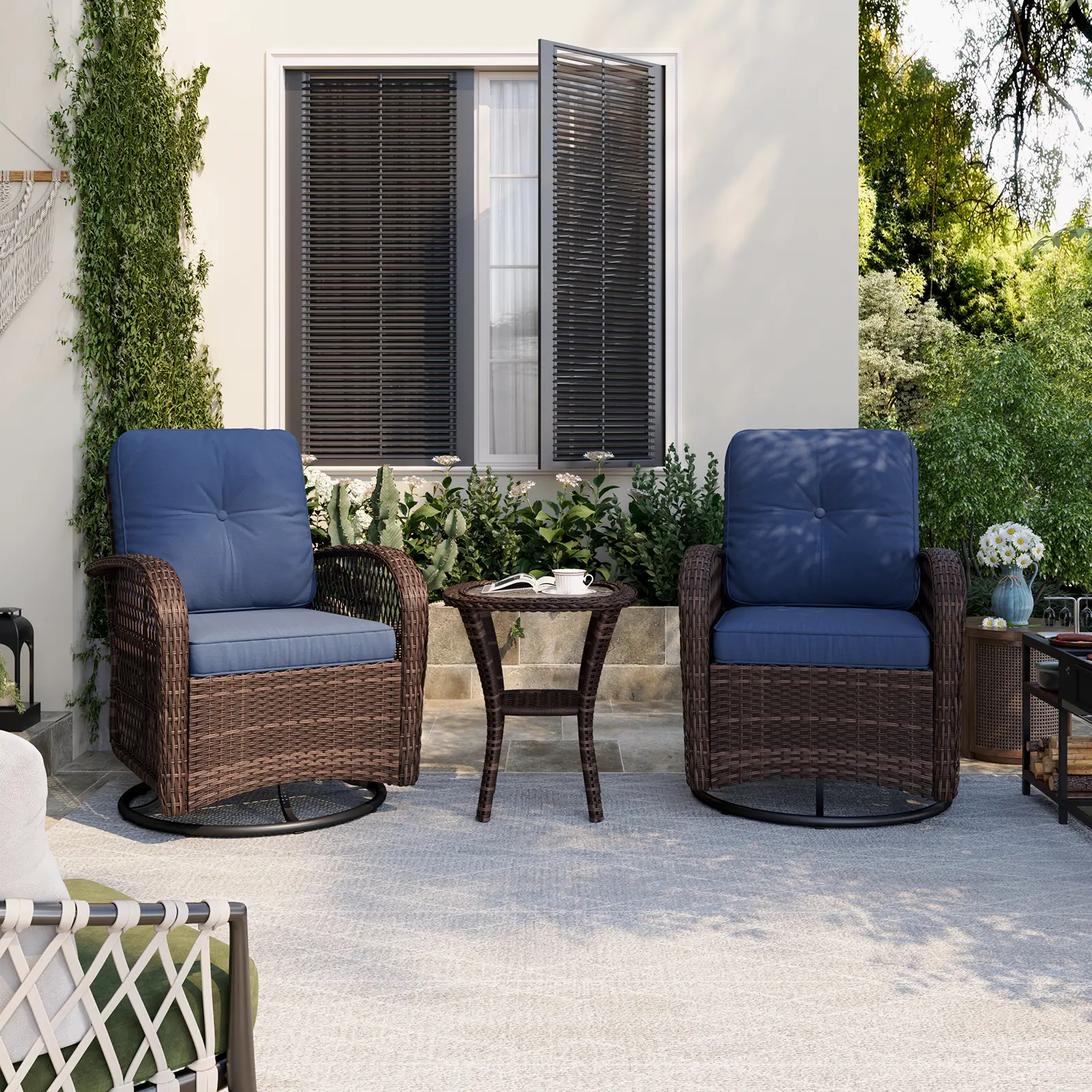 Aoxun 3-Piece Waterproof Rattan Outdoor Patio Furniture Set - Swivel Rocker Chairs with Thick Cushions, Side Table, Patio Conversation Set for Porch, Garden, Out Door Patio Furniture Sets,home decor,camping essentials Comfy