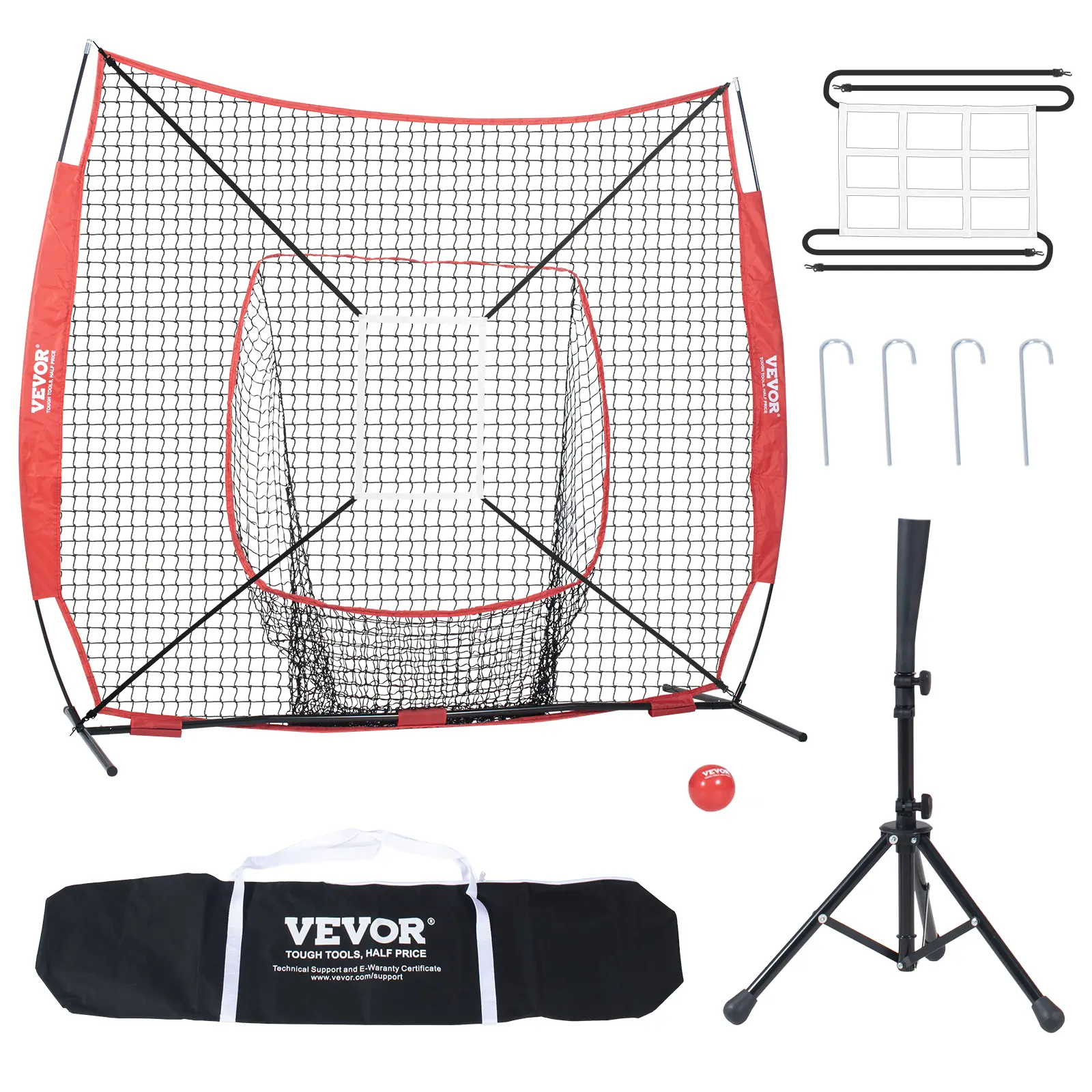 VEVOR 7x7 ft Baseball Softball Practice Net,  Portable Baseball Training Net for Hitting Batting Catching Pitching, Backstop Baseball Equipment with Bow Frame, Carry Bag, Strike Zone, Ball, Batting Tee