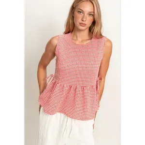 Kailee Gingham Sleeveless Peplum Top in Red