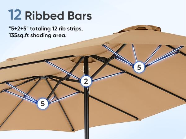 15FT Large Patio Umbrella with Base Included, Outdoor Double-Sided Rectangle Market Umbrellas with Stand and Crank, Table Umbrella with 12 Sturdy Ribs