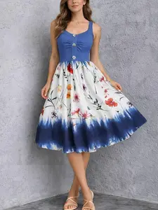 Rosegalette Vacation Flower Print A Line Sundress Cottagecore Mock Button Painting Print Cami Dress Floral Print Sundress for Spring Summer rehearsal dinner dress blue popular dress